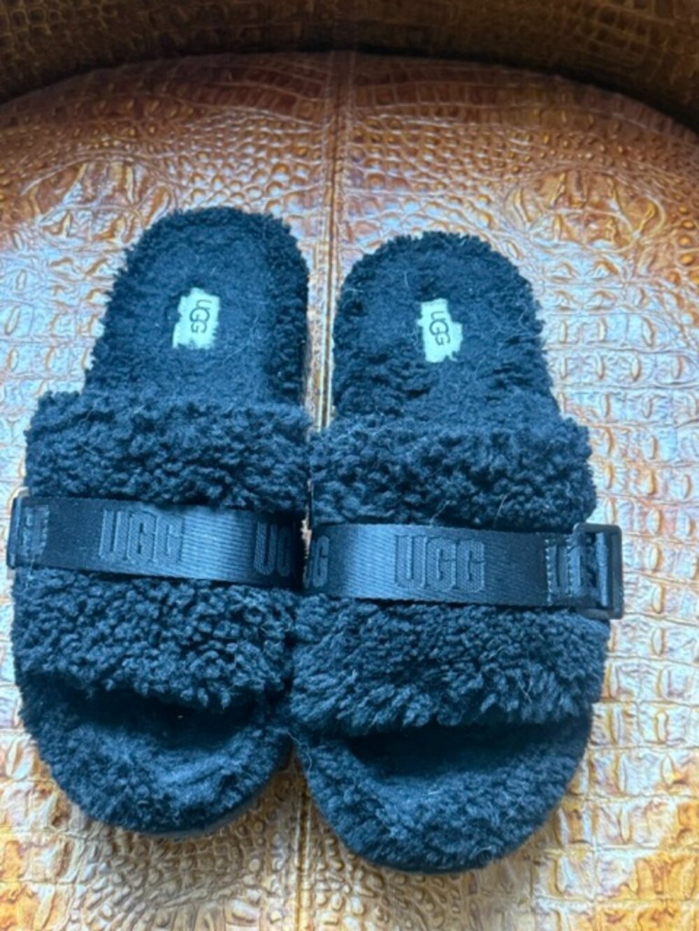 Ugg Women's Fluffita Platform Shearling Fur Sandals Sz 9 Black Slip On Slide
